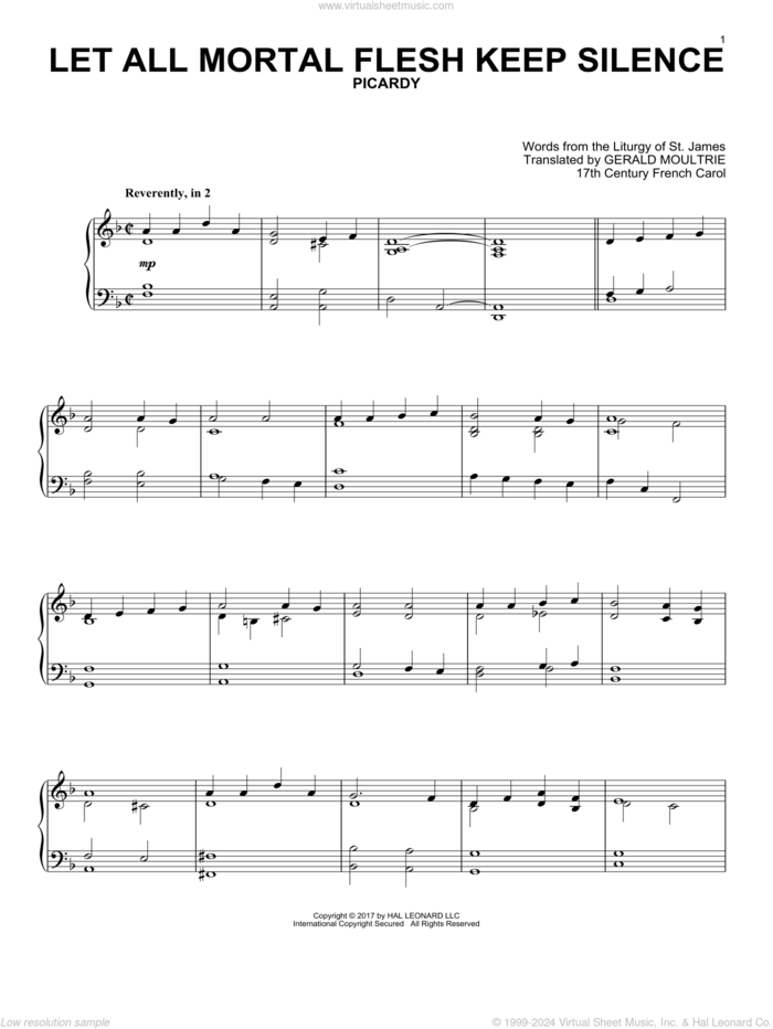 Let All Mortal Flesh Keep Silence, (intermediate) sheet music for piano solo by Anonymous, Miscellaneous, Gerard Moultrie and Liturgy Of St. James, intermediate skill level