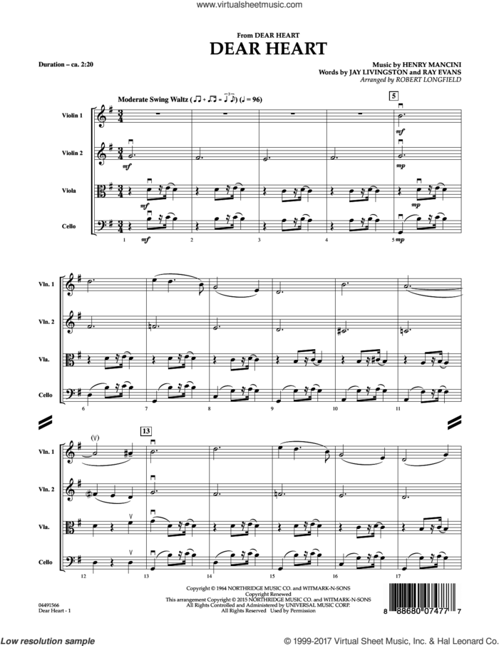 Dear Heart (COMPLETE) sheet music for string quartet (violin, viola, cello) by Henry Mancini, Jay Livingston, Ray Evans and Robert Longfield, intermediate skill level