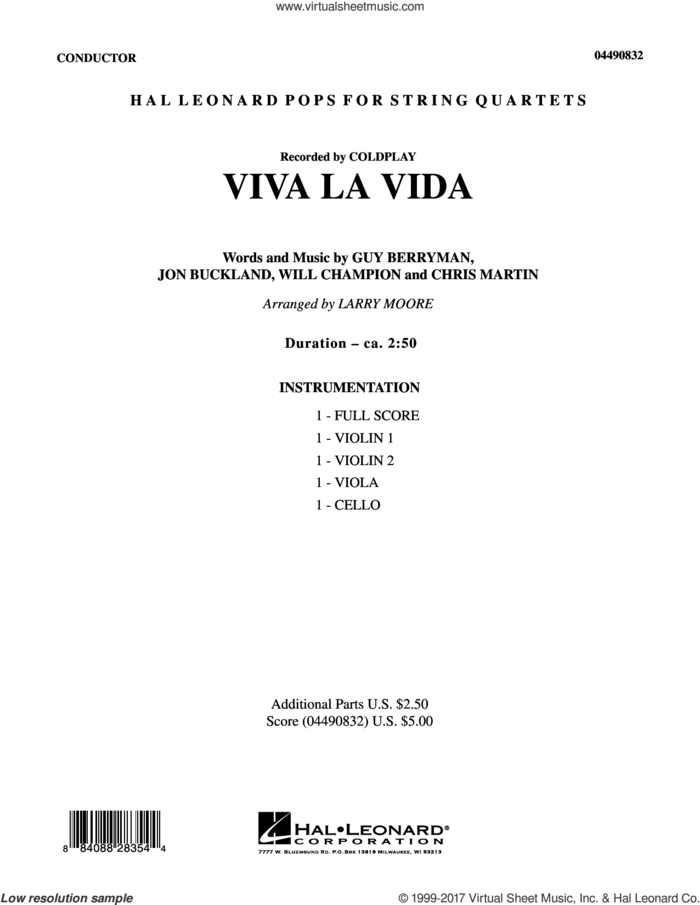 Viva La Vida (COMPLETE) sheet music for string quartet (Strings) by Coldplay, Chris Martin, Guy Berryman, Jon Buckland, Larry Moore and Will Champion, intermediate orchestra