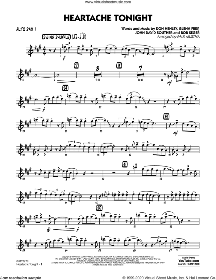 Heartache Tonight  sheet music for jazz band (alto sax 1) by Bob Seger, Paul Murtha, The Eagles, Don Henley, Glenn Frey and John David Souther, intermediate skill level