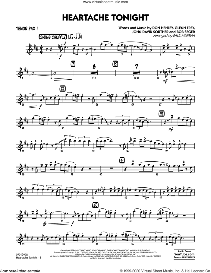 Heartache Tonight  sheet music for jazz band (tenor sax 1) by Bob Seger, Paul Murtha, The Eagles, Don Henley, Glenn Frey and John David Souther, intermediate skill level