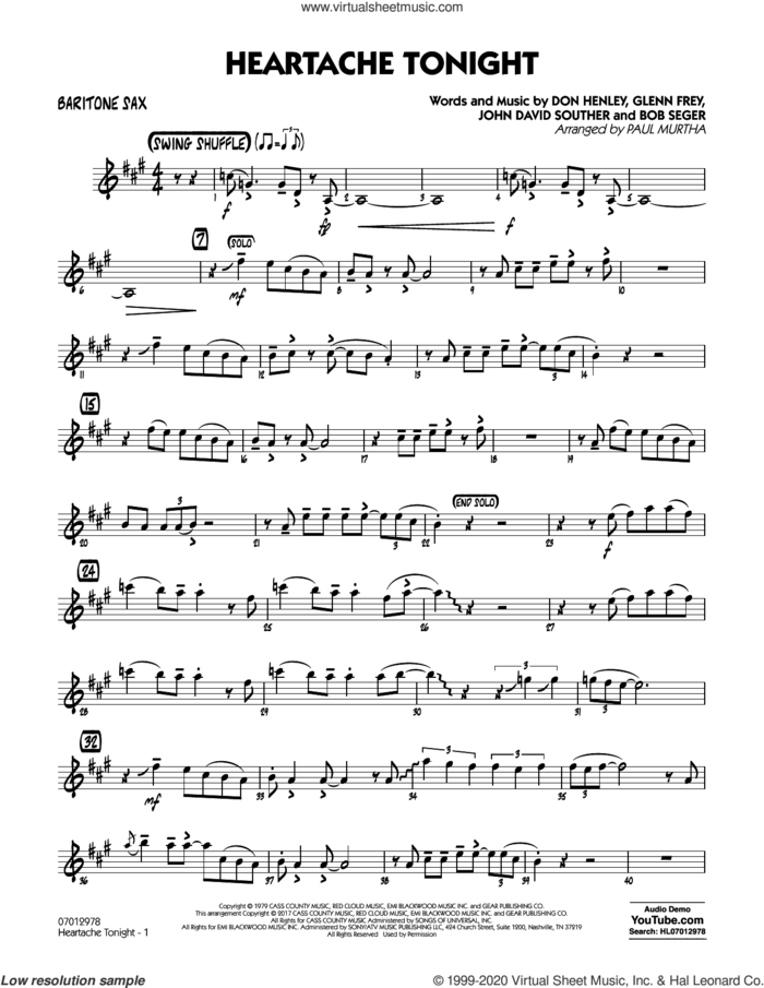 Heartache Tonight  sheet music for jazz band (baritone sax) by Bob Seger, Paul Murtha, The Eagles, Don Henley, Glenn Frey and John David Souther, intermediate skill level