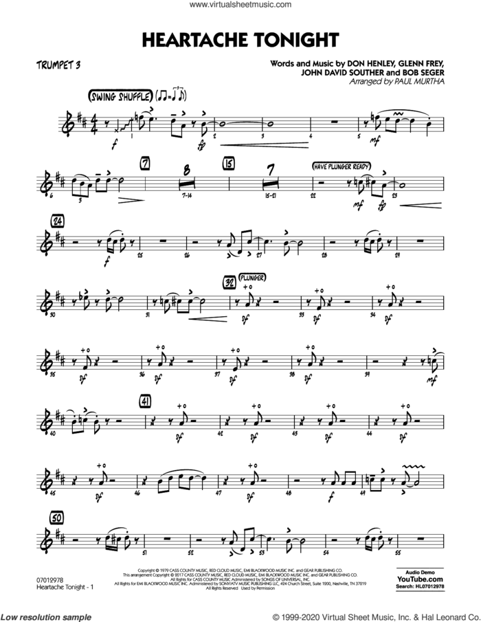 Heartache Tonight  sheet music for jazz band (trumpet 3) by Bob Seger, Paul Murtha, The Eagles, Don Henley, Glenn Frey and John David Souther, intermediate skill level