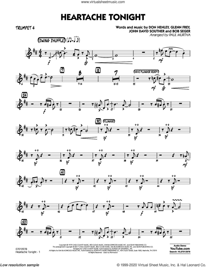 Heartache Tonight  sheet music for jazz band (trumpet 4) by Bob Seger, Paul Murtha, The Eagles, Don Henley, Glenn Frey and John David Souther, intermediate skill level