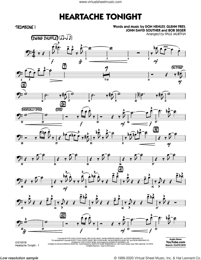 Heartache Tonight  sheet music for jazz band (trombone 1) by Bob Seger, Paul Murtha, The Eagles, Don Henley, Glenn Frey and John David Souther, intermediate skill level