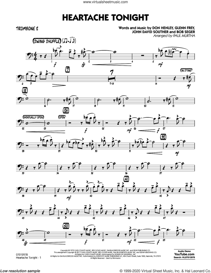 Heartache Tonight  sheet music for jazz band (trombone 2) by Bob Seger, Paul Murtha, The Eagles, Don Henley, Glenn Frey and John David Souther, intermediate skill level