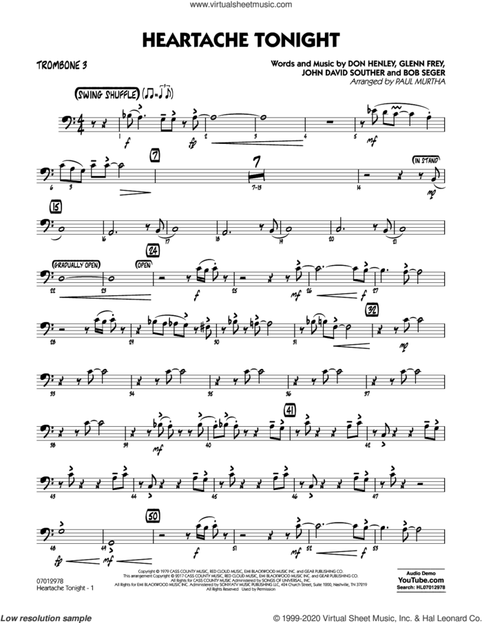 Heartache Tonight  sheet music for jazz band (trombone 3) by Bob Seger, Paul Murtha, The Eagles, Don Henley, Glenn Frey and John David Souther, intermediate skill level