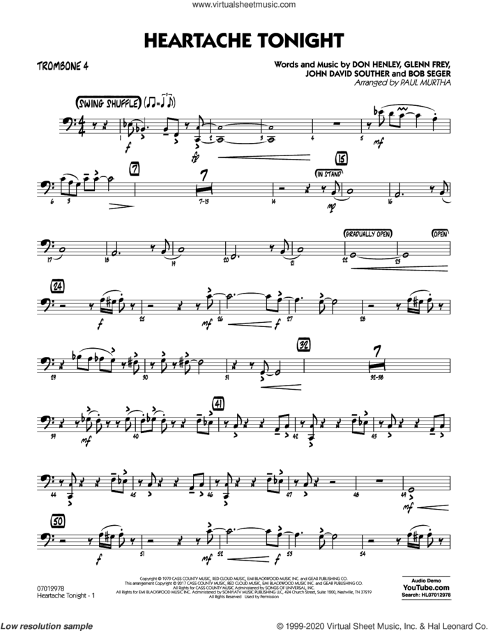 Heartache Tonight  sheet music for jazz band (trombone 4) by Bob Seger, Paul Murtha, The Eagles, Don Henley, Glenn Frey and John David Souther, intermediate skill level