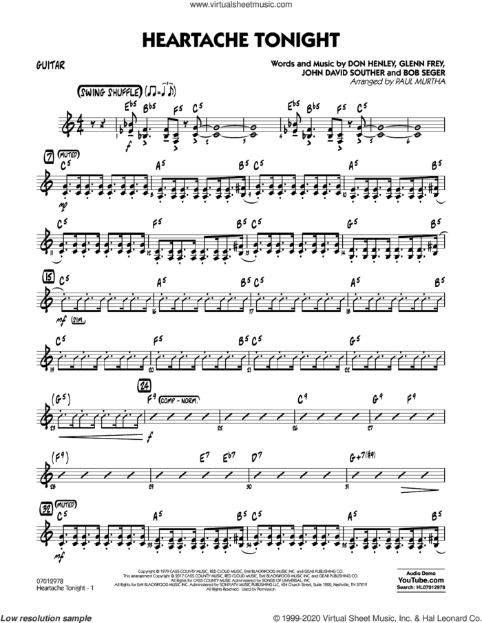 Heartache Tonight  sheet music for jazz band (guitar) by Bob Seger, Paul Murtha, The Eagles, Don Henley, Glenn Frey and John David Souther, intermediate skill level
