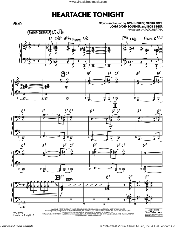 Heartache Tonight  sheet music for jazz band (piano) by Bob Seger, Paul Murtha, The Eagles, Don Henley, Glenn Frey and John David Souther, intermediate skill level
