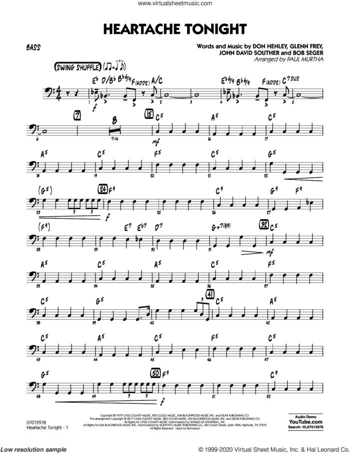 Heartache Tonight  sheet music for jazz band (bass) by Bob Seger, Paul Murtha, The Eagles, Don Henley, Glenn Frey and John David Souther, intermediate skill level