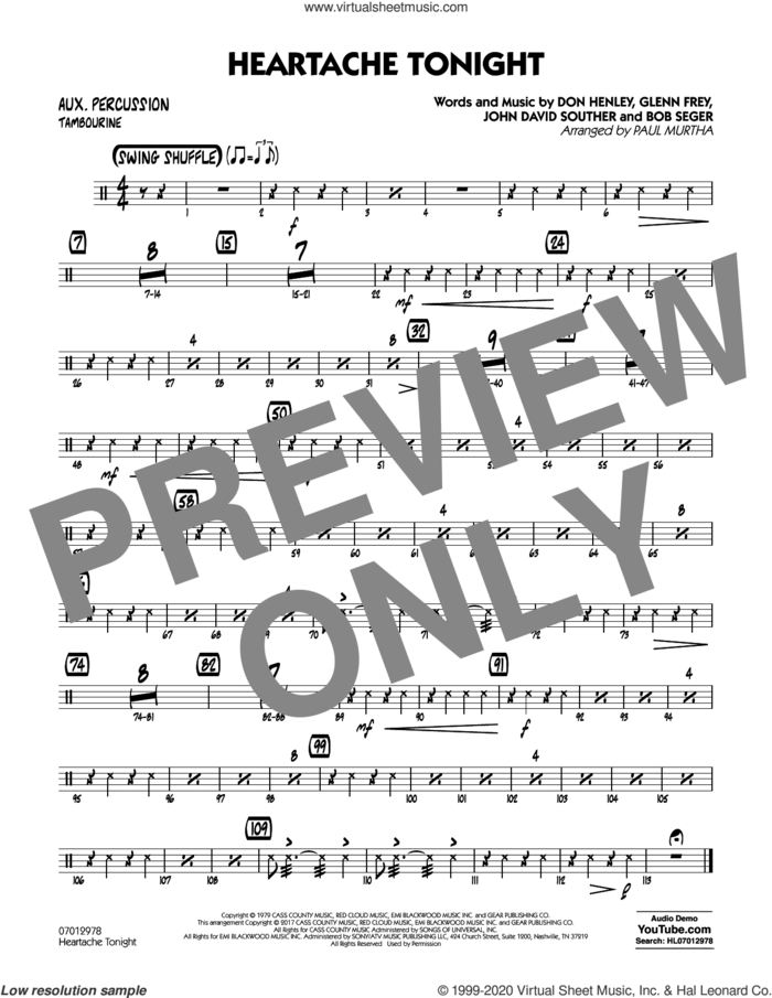 Heartache Tonight  sheet music for jazz band (aux percussion) by Bob Seger, Paul Murtha, The Eagles, Don Henley, Glenn Frey and John David Souther, intermediate skill level