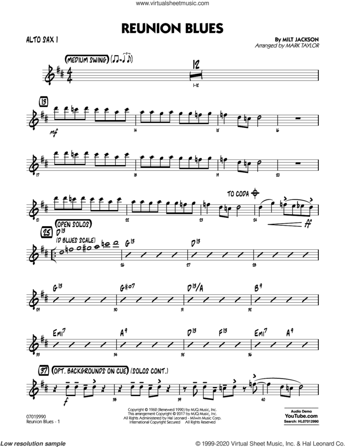 Reunion Blues Dl sheet music for jazz band (alto sax 1) by Milt Jackson and Mark Taylor, intermediate skill level