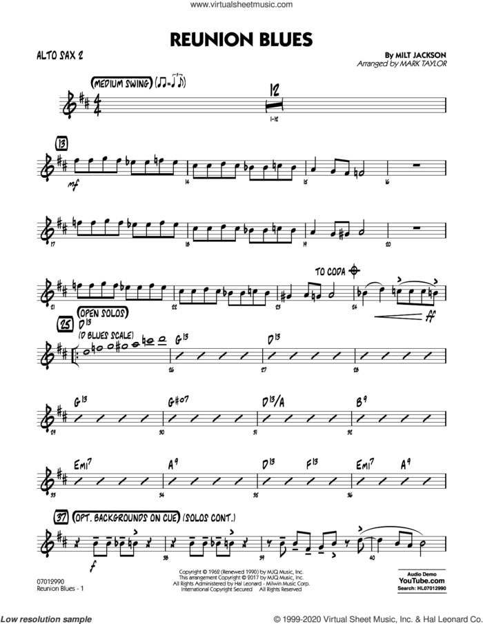 Reunion Blues Dl sheet music for jazz band (alto sax 2) by Milt Jackson and Mark Taylor, intermediate skill level