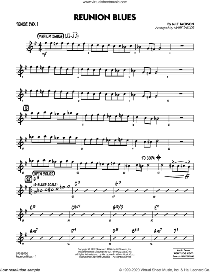 Reunion Blues Dl sheet music for jazz band (tenor sax 1) by Milt Jackson and Mark Taylor, intermediate skill level