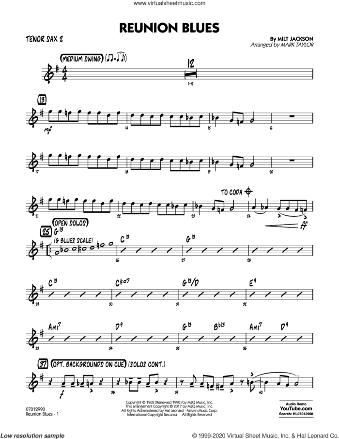Reunion Blues Dl sheet music for jazz band (tenor sax 2) by Milt Jackson and Mark Taylor, intermediate skill level