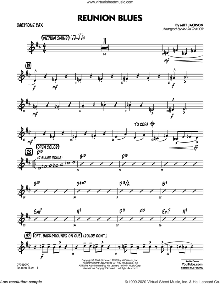 Reunion Blues Dl sheet music for jazz band (baritone sax) by Milt Jackson and Mark Taylor, intermediate skill level