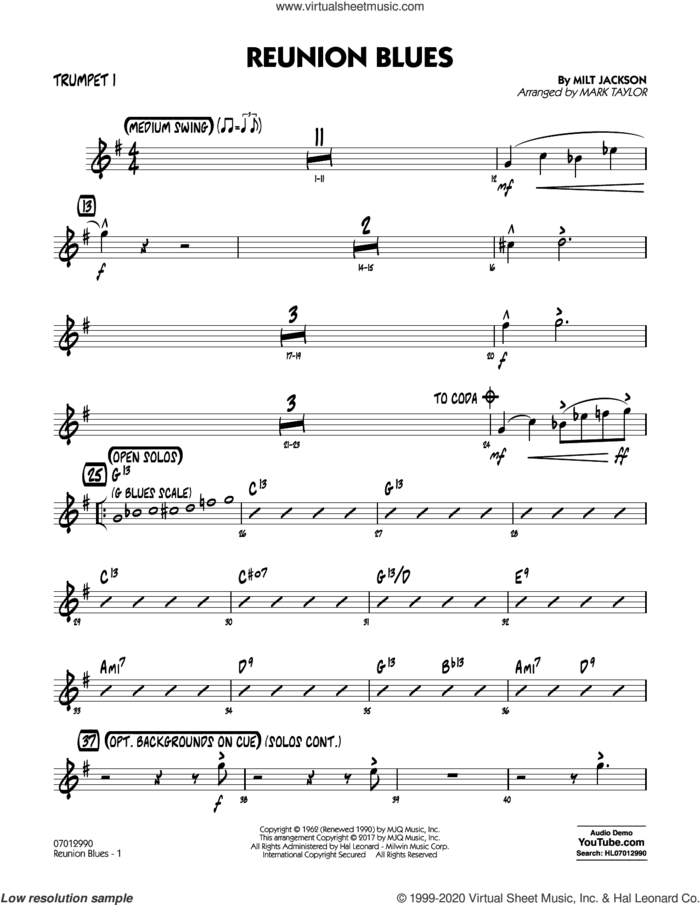 Reunion Blues Dl sheet music for jazz band (trumpet 1) by Milt Jackson and Mark Taylor, intermediate skill level