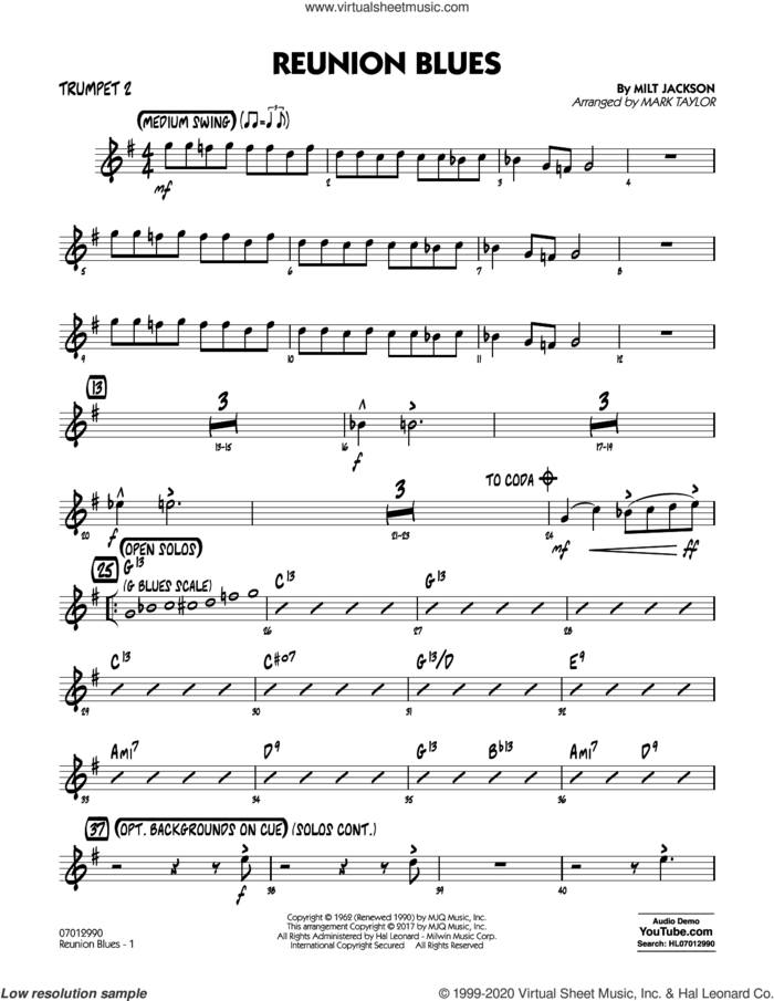 Reunion Blues Dl sheet music for jazz band (trumpet 2) by Milt Jackson and Mark Taylor, intermediate skill level