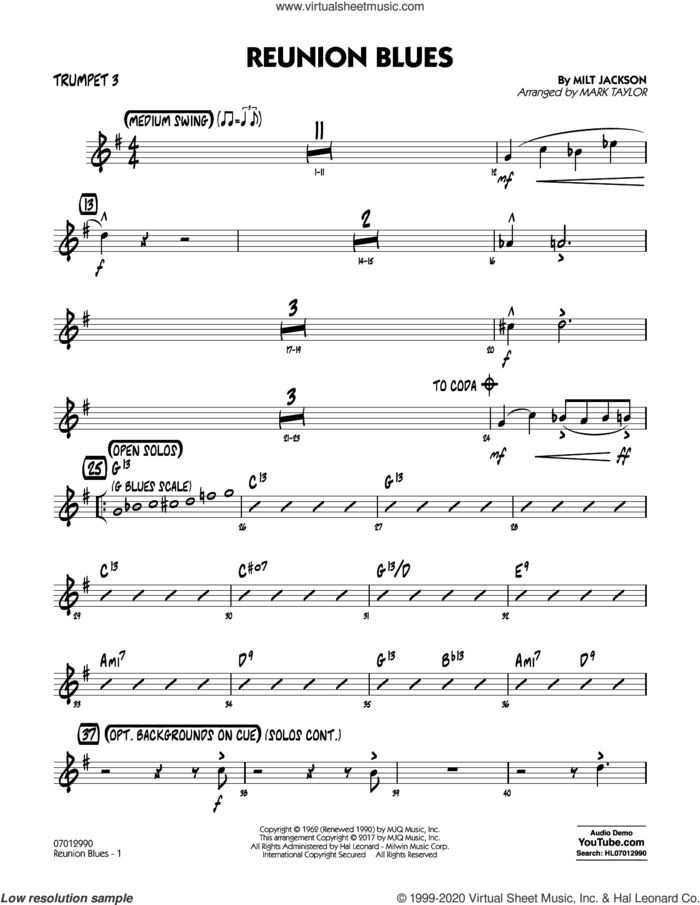 Reunion Blues Dl sheet music for jazz band (trumpet 3) by Milt Jackson and Mark Taylor, intermediate skill level