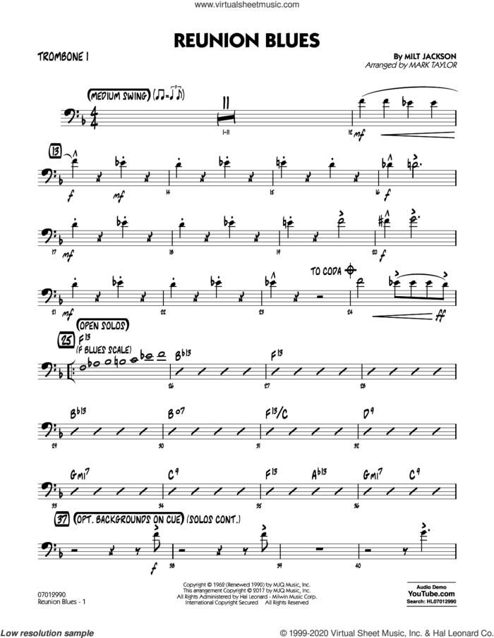 Reunion Blues Dl sheet music for jazz band (trombone 1) by Milt Jackson and Mark Taylor, intermediate skill level