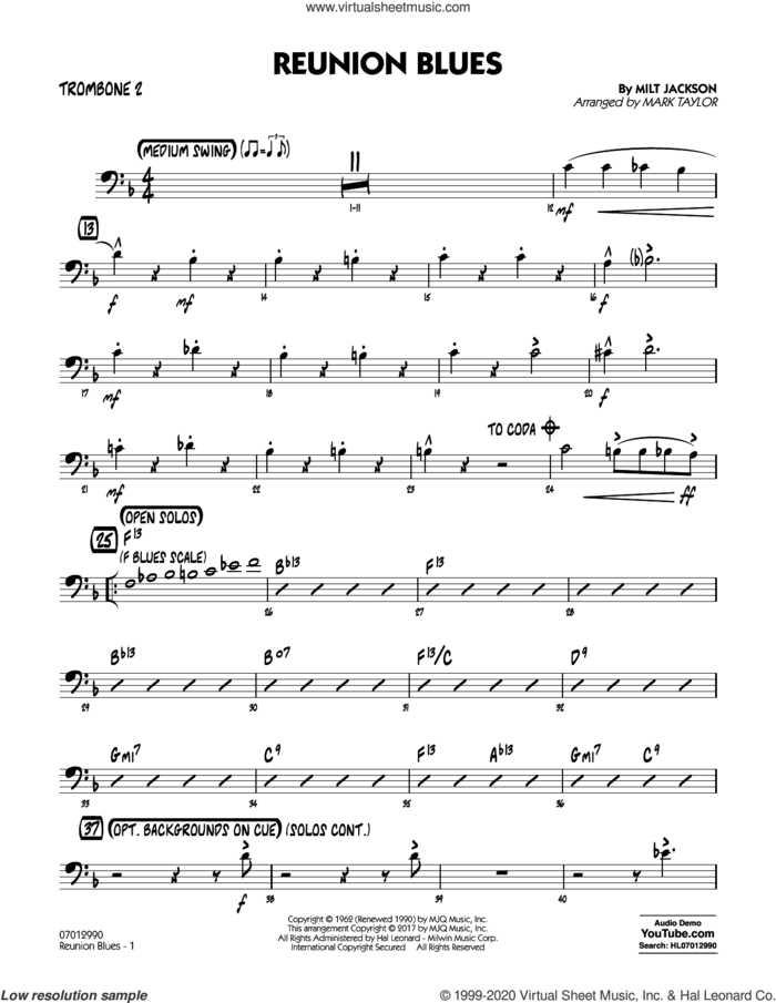 Reunion Blues Dl sheet music for jazz band (trombone 2) by Milt Jackson and Mark Taylor, intermediate skill level