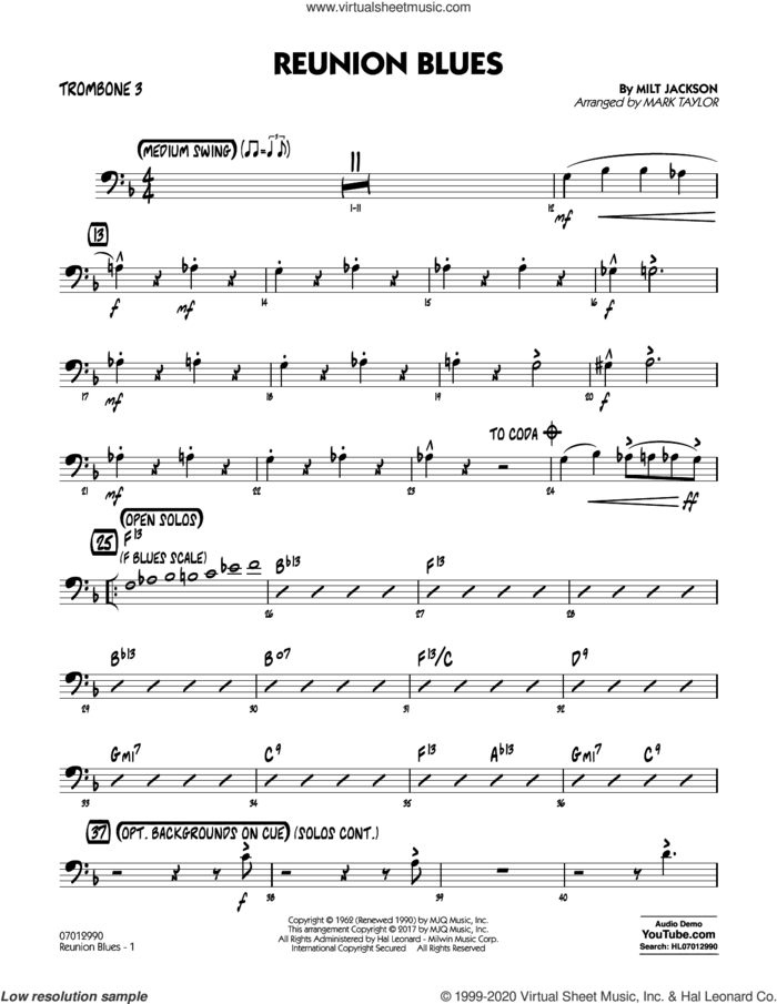 Reunion Blues Dl sheet music for jazz band (trombone 3) by Milt Jackson and Mark Taylor, intermediate skill level