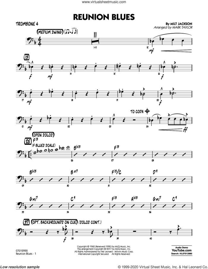 Reunion Blues Dl sheet music for jazz band (trombone 4) by Milt Jackson and Mark Taylor, intermediate skill level