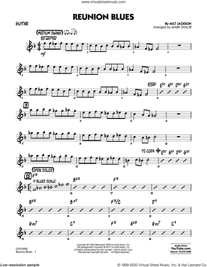 Reunion Blues Dl sheet music for jazz band (guitar) by Milt Jackson and Mark Taylor, intermediate skill level