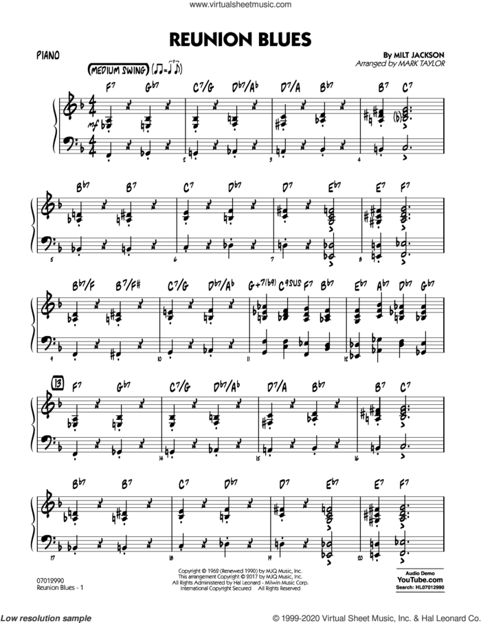 Reunion Blues Dl sheet music for jazz band (piano) by Milt Jackson and Mark Taylor, intermediate skill level