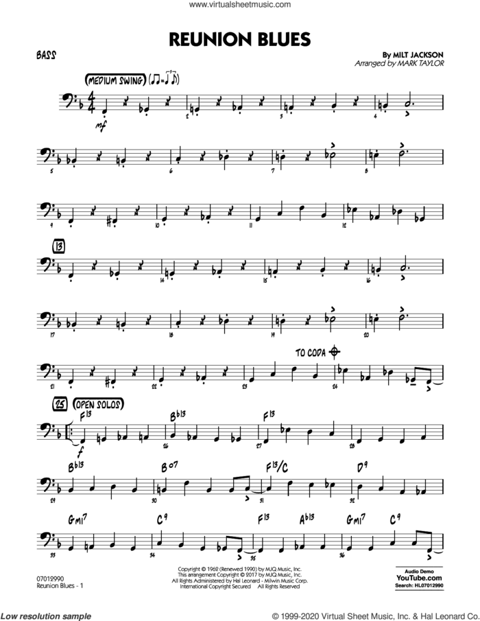 Reunion Blues Dl sheet music for jazz band (bass) by Milt Jackson and Mark Taylor, intermediate skill level
