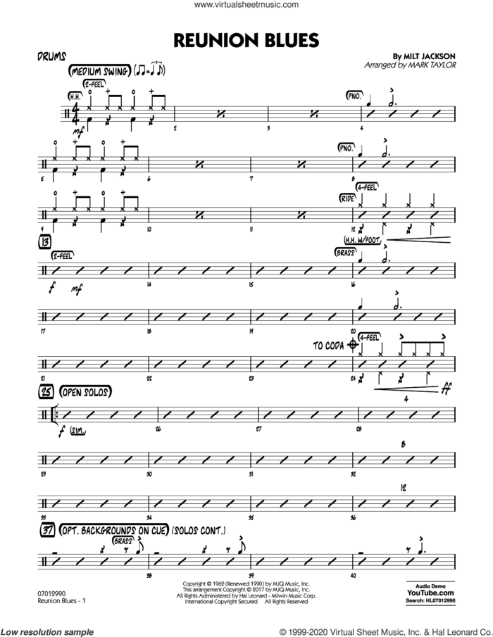 Reunion Blues Dl sheet music for jazz band (drums) by Milt Jackson and Mark Taylor, intermediate skill level