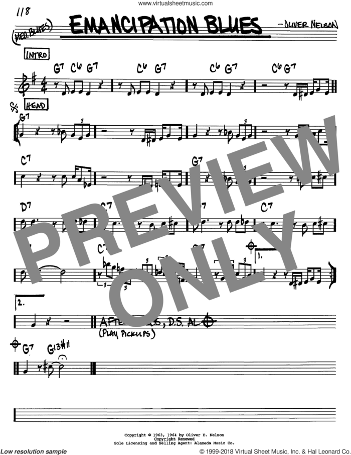 Emancipation Blues sheet music for voice and other instruments (in C) by Oliver Nelson, intermediate skill level