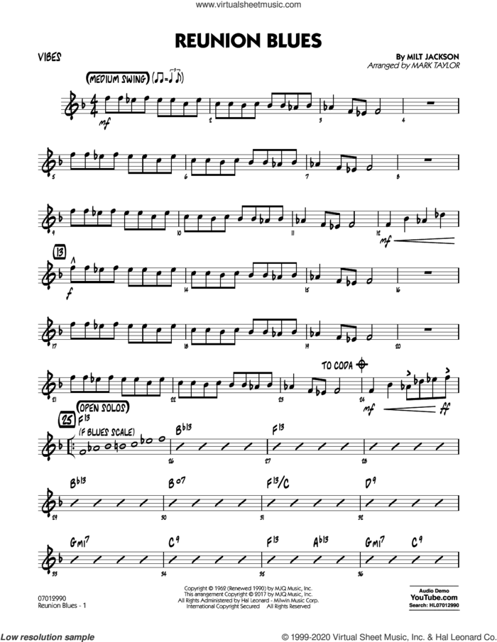 Reunion Blues Dl sheet music for jazz band (vibes) by Milt Jackson and Mark Taylor, intermediate skill level