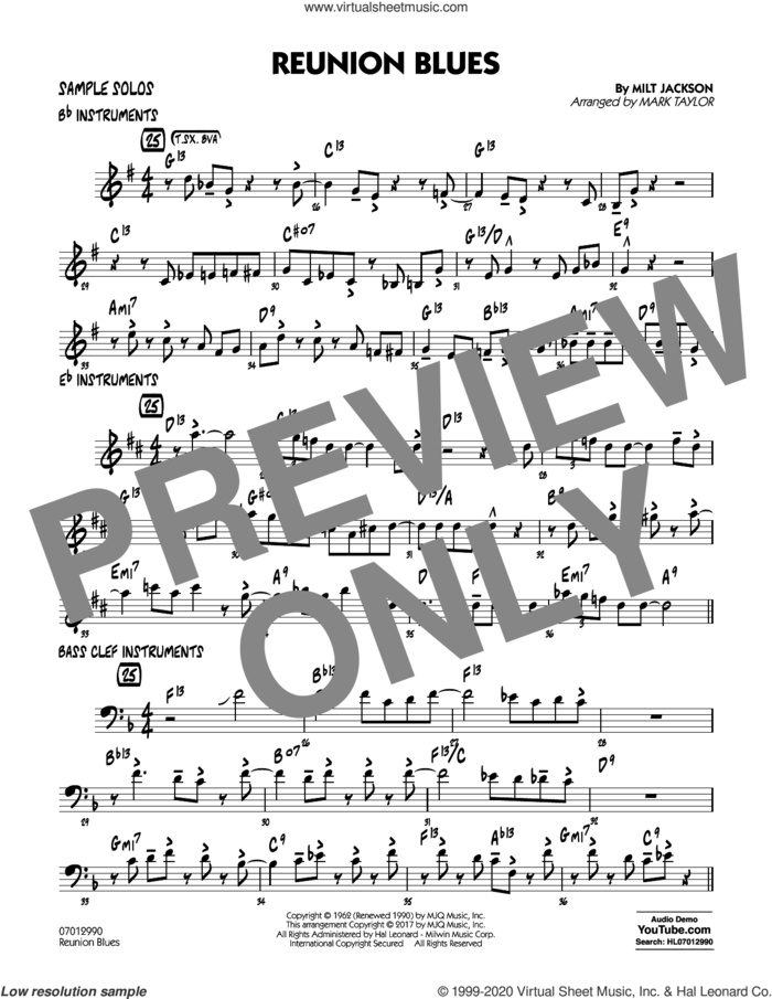 Reunion Blues Dl sheet music for jazz band (sample solos) by Milt Jackson and Mark Taylor, intermediate jazz band (samples)
