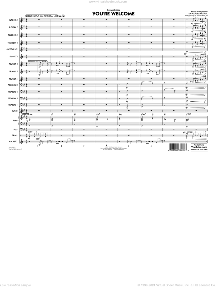You're Welcome (from Moana) (arr. John Wasson) sheet music for jazz band (conductor score, full score) by Lin-Manuel Miranda and John Wasson, intermediate skill level