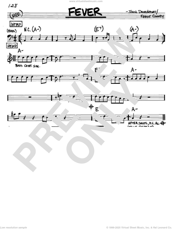 Fever sheet music for voice and other instruments (in C) by Peggy Lee, Eddie Cooley and John Davenport, intermediate skill level