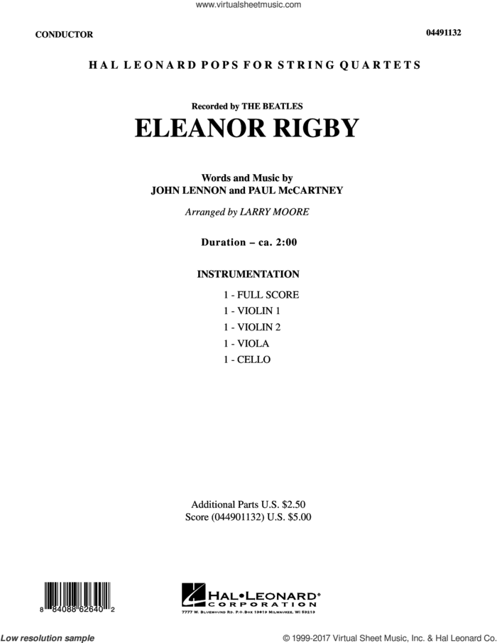 Eleanor Rigby (COMPLETE) sheet music for string quartet (Strings) by The Beatles, David Cook, John Lennon, Larry Moore and Paul McCartney, intermediate orchestra