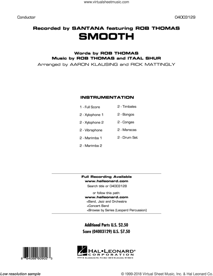 Smooth (COMPLETE) sheet music for concert band by Rob Thomas, Aaron Klausing, Diane Downs, Itaal Shur, Rick Mattingly and Santana featuring Rob Thomas, intermediate skill level