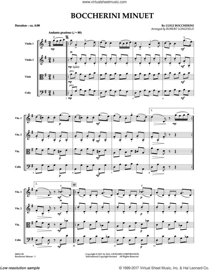 Boccherini Minuet (COMPLETE) sheet music for string quartet (Strings) by Robert Longfield and Luigi Boccherini, classical score, intermediate orchestra