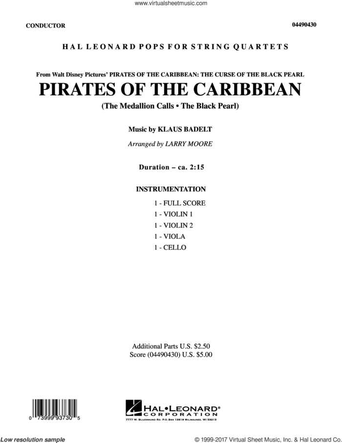 Pirates of the Caribbean (COMPLETE) sheet music for string quartet (Strings) by Larry Moore and Klaus Badelt, intermediate orchestra