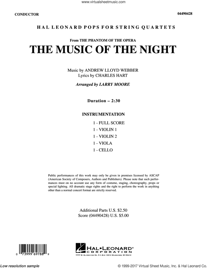 The Music of the Night (from The Phantom of the Opera) (COMPLETE) sheet music for string quartet (Strings) by Andrew Lloyd Webber, Charles Hart, David Cook, Larry Moore and Richard Stilgoe, intermediate orchestra