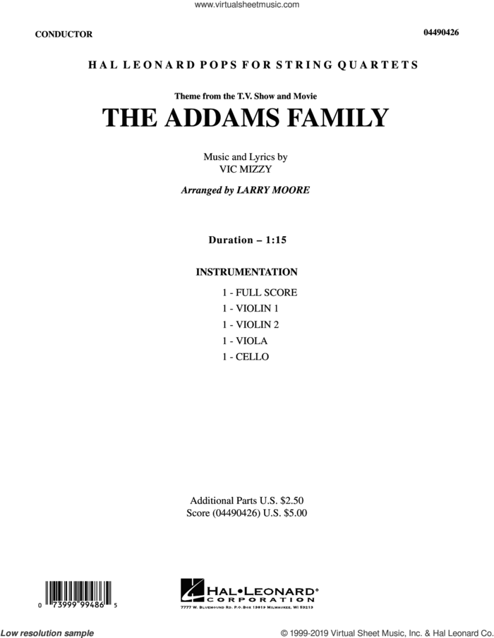 The Addams Family (Theme) (COMPLETE) sheet music for string quartet (Strings) by Larry Moore and Vic Mizzy, intermediate orchestra