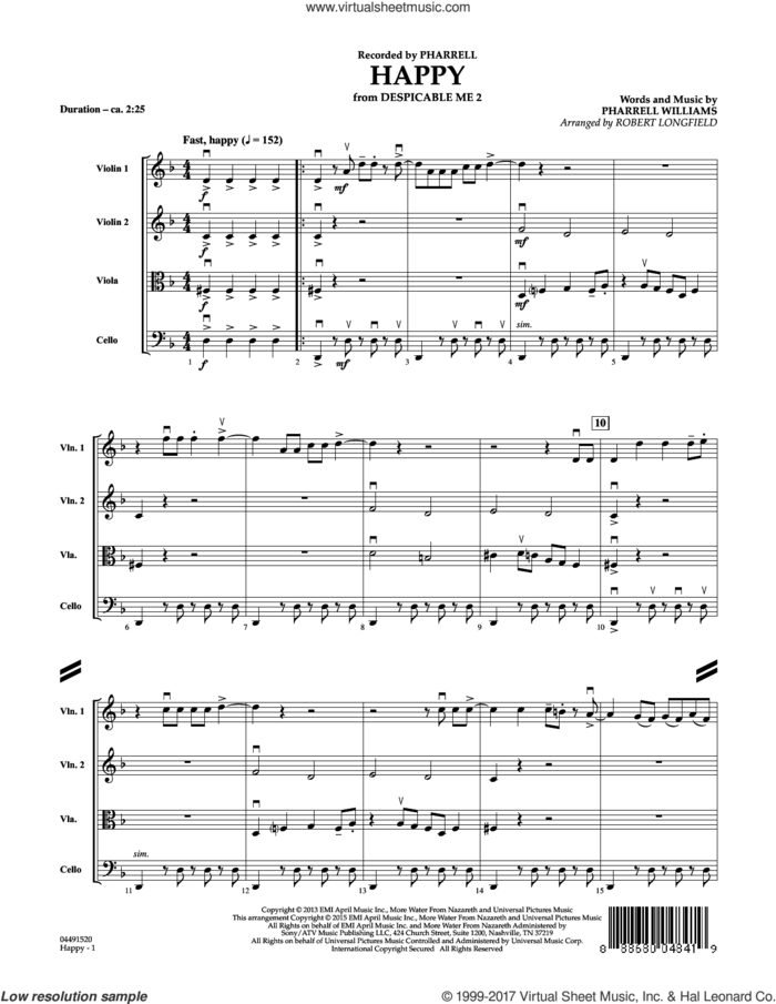 Happy (COMPLETE) sheet music for string quartet (violin, viola, cello) by Robert Longfield, Pharrell and Pharrell Williams, intermediate skill level