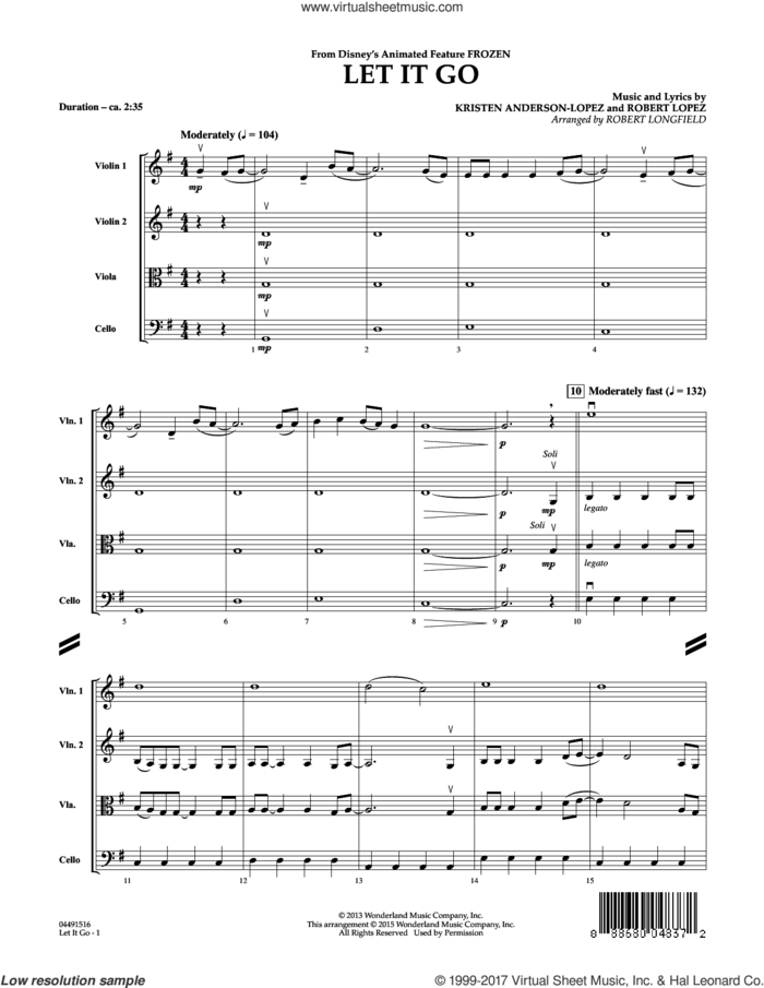 Let It Go (from Frozen) (COMPLETE) sheet music for orchestra by Robert Lopez, Idina Menzel, Kristen Anderson-Lopez and Robert Longfield, intermediate skill level