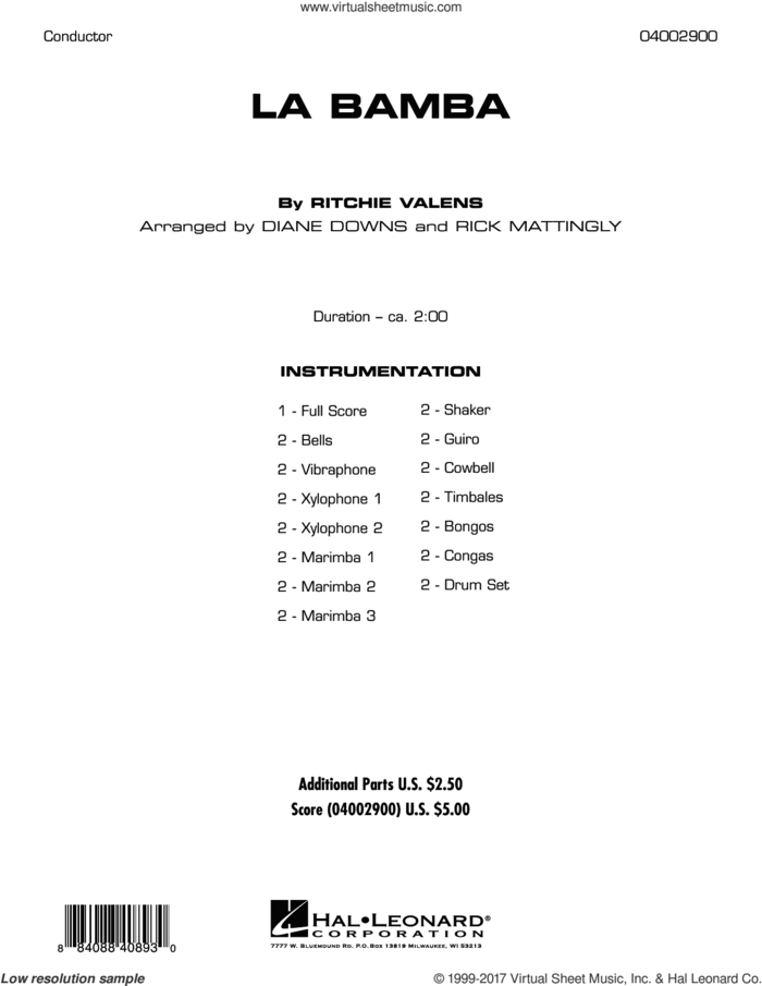 La Bamba (COMPLETE) sheet music for concert band by Ritchie Valens, Diane Downs and Rick Mattingly, intermediate skill level