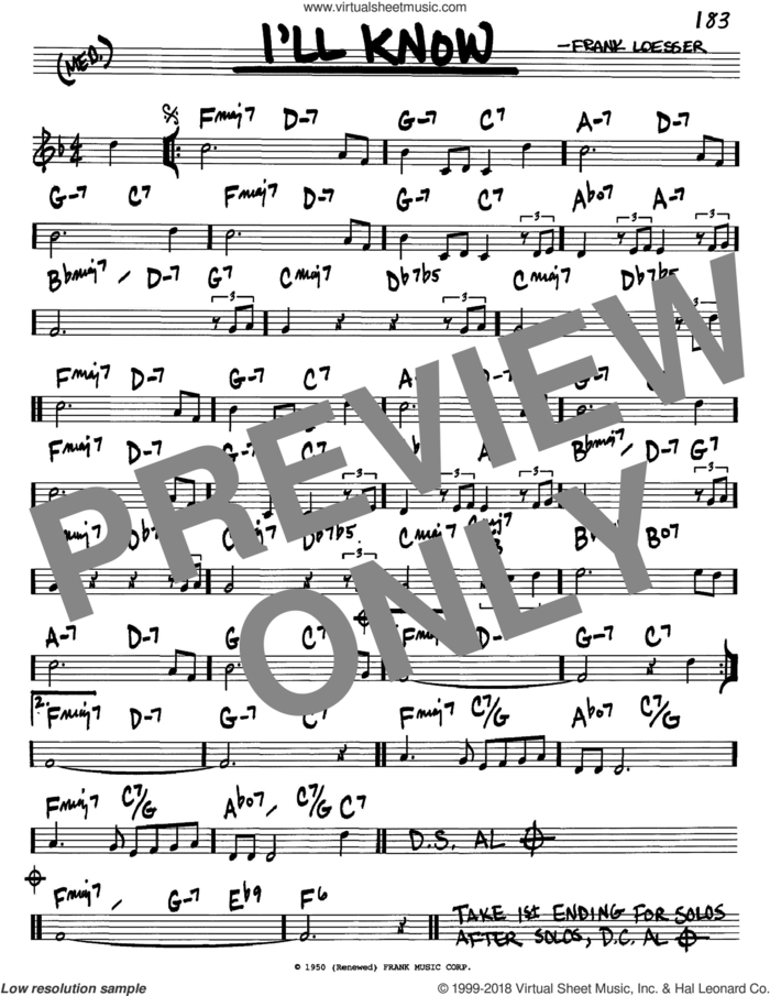 I'll Know sheet music for voice and other instruments (in C) by Frank Loesser, intermediate skill level