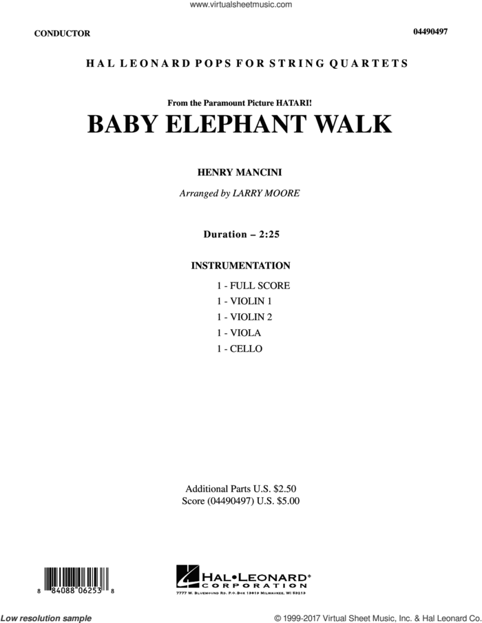 Baby Elephant Walk (COMPLETE) sheet music for string quartet (Strings) by Henry Mancini, Hal David, Larry Moore, Lawrence Welk and Miniature Men, intermediate orchestra