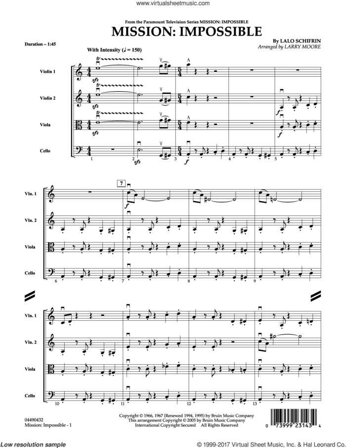 Mission: Impossible Theme (COMPLETE) sheet music for string quartet (Strings) by Larry Moore, Adam Clayton and Larry Mullen and Lalo Schifrin, intermediate orchestra