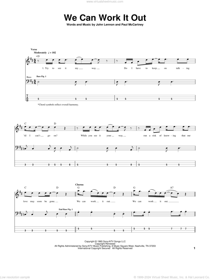 We Can Work It Out sheet music for bass (tablature) (bass guitar) by The Beatles, John Lennon and Paul McCartney, intermediate skill level